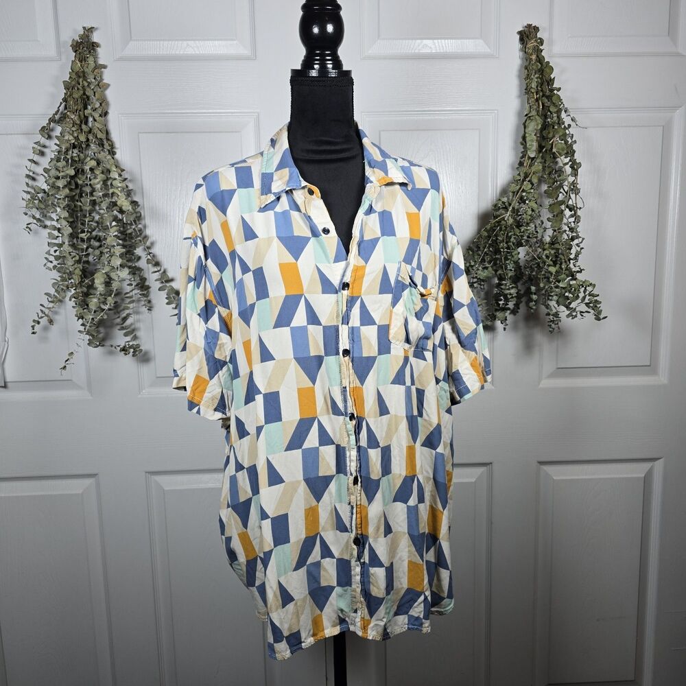 Winston Men's 3XL Button Front Shirt Blue Yellow White Geometric Pattern